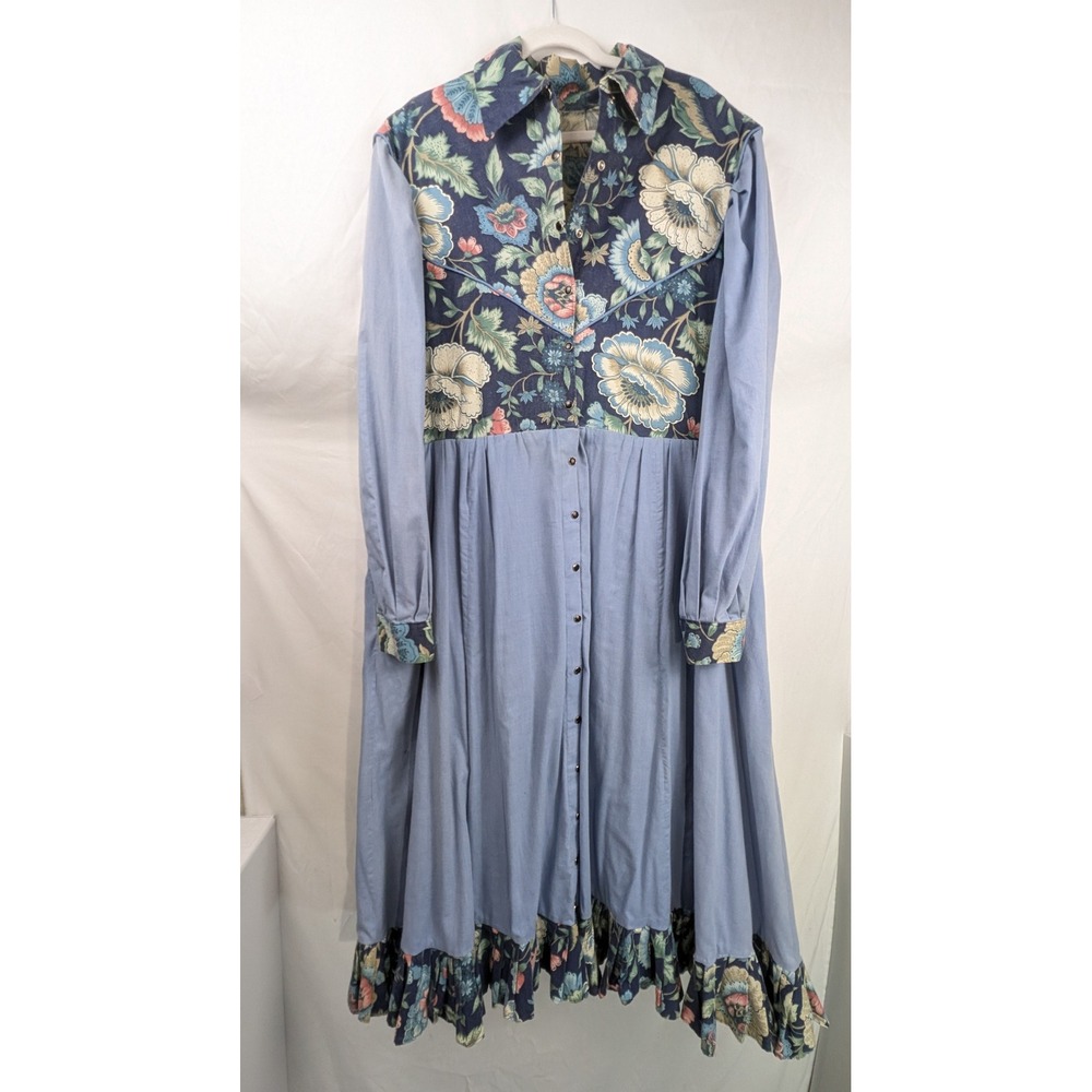 Vintage Handmade Floral Prairie Maxi Dress Size XL Pearl Snap Western Chambray - Picture 2 of 12